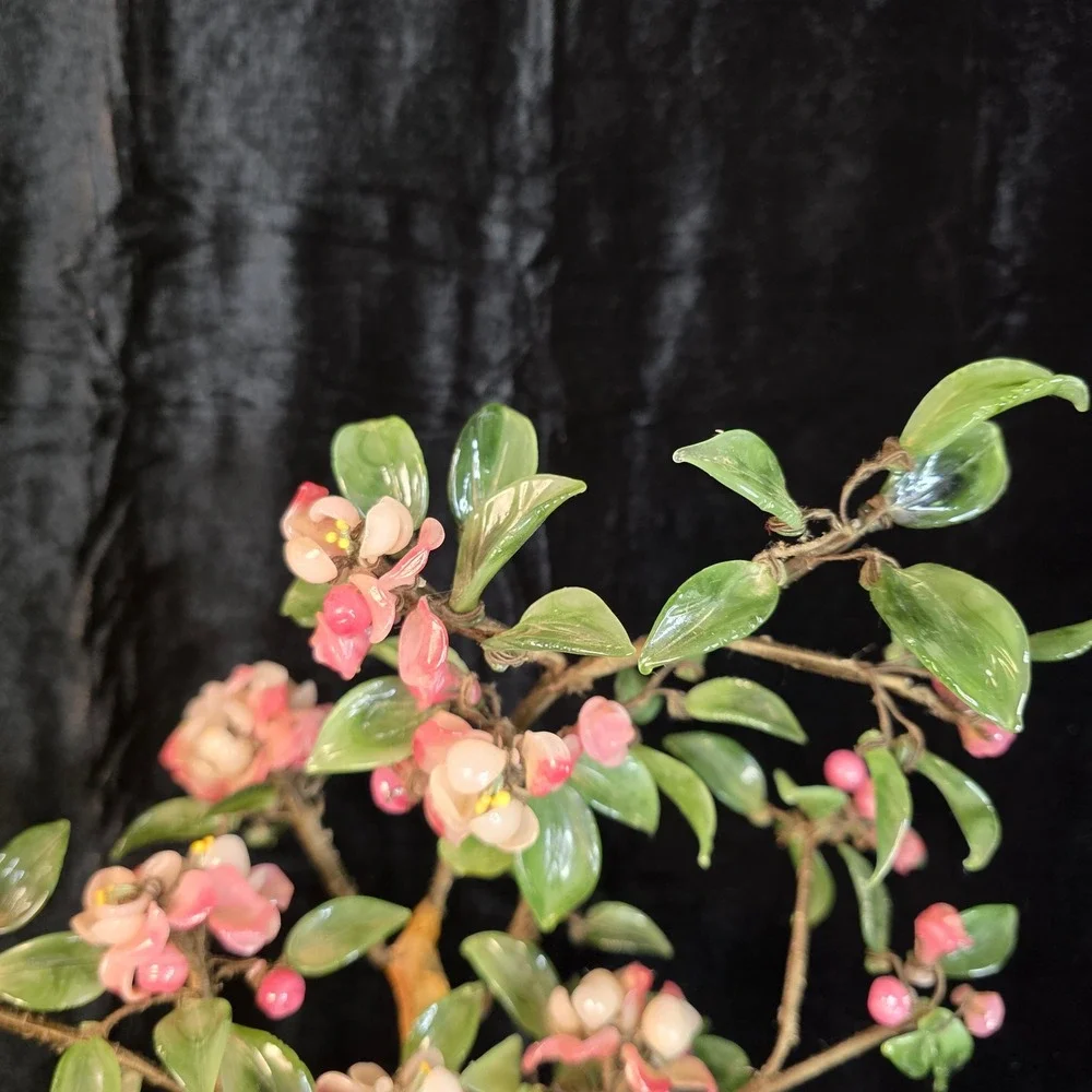 VTG Chinese Peking Glass Bonsai Tree Pink Cherry Blossom Celadon Crane 13